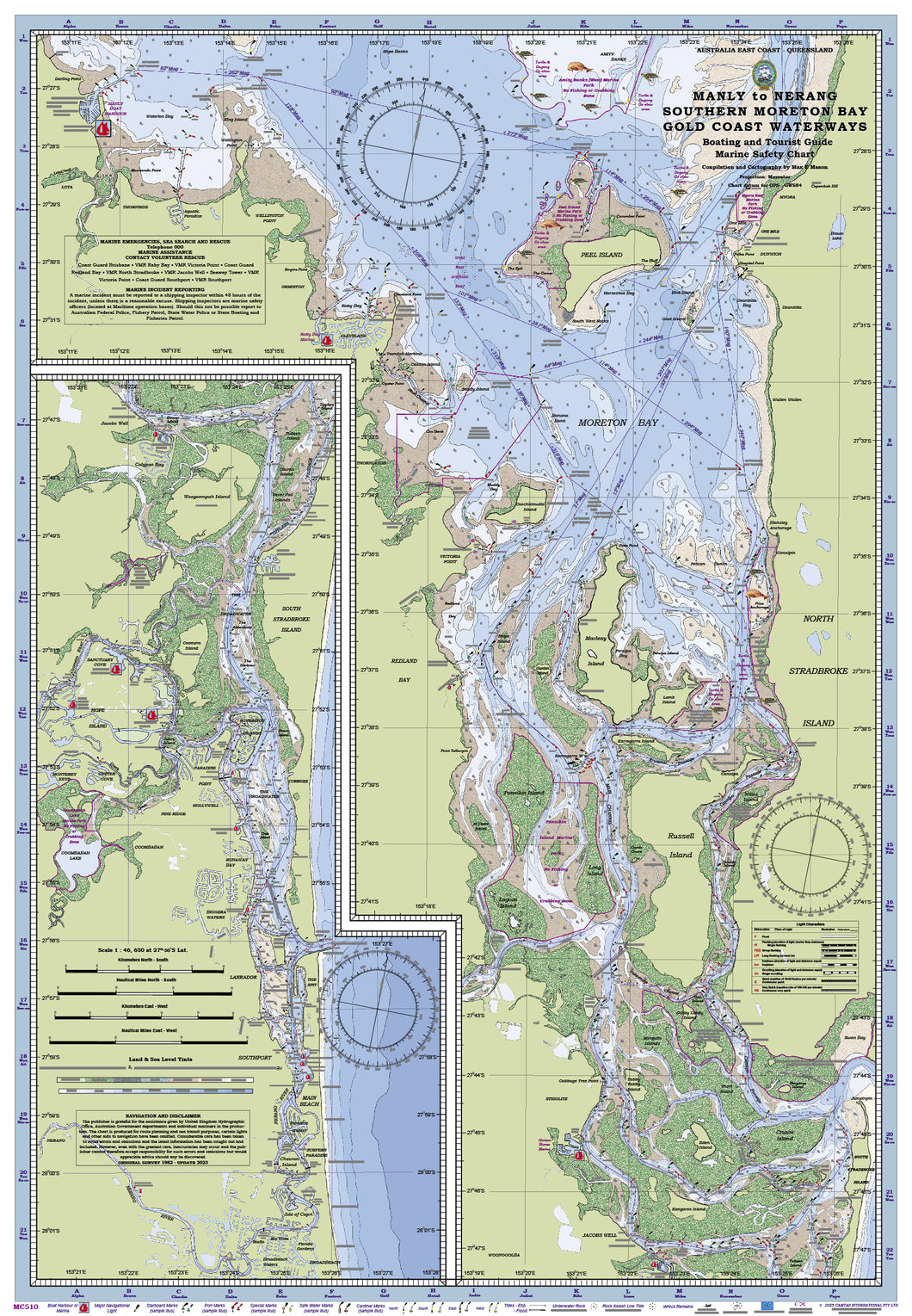 QLD Boating, Fishing, Camtas Marine Safety Chart - MANLY to NERANG, Moreton Bay, Gold Coast Waterways / MC510