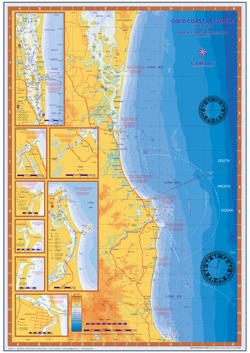 NSW / QLD Boating, Fishing, Camtas Marine Safety Chart - CAPE BYRON to NORTH STRADBROKE ISLAND, Gold Coast Offshore + BONUS / MC480